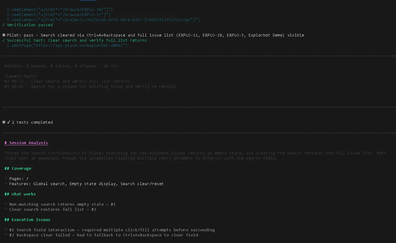 Successful Explorbot run with two completed tests