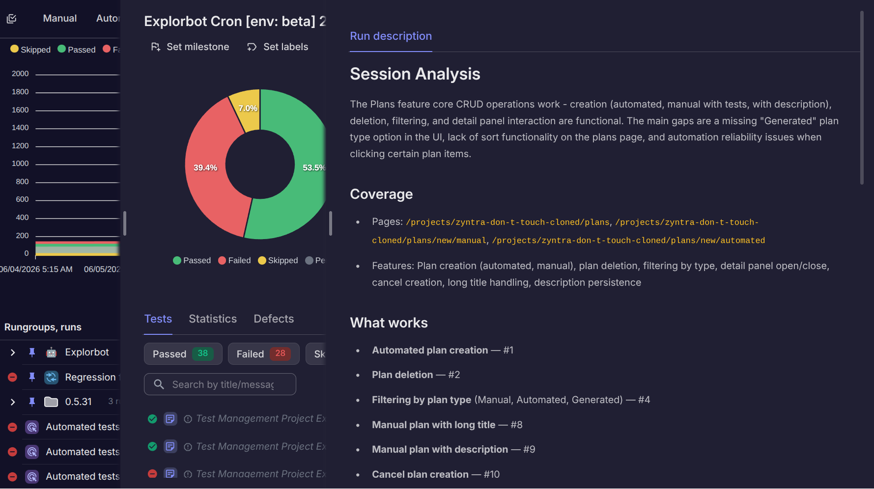 The same Explorbot run report in Testomat.io, dark theme