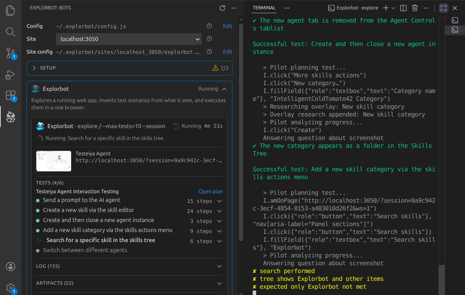 The Explorbot panel in VS Code, dark theme