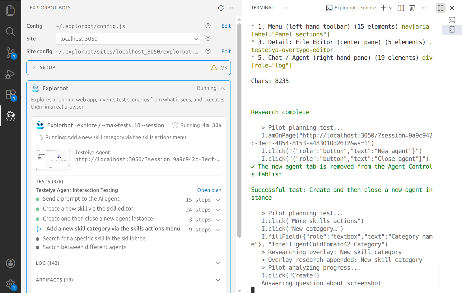 The Explorbot panel in VS Code: site and config at the top, a running explore session with its test list, and the live terminal output on the right