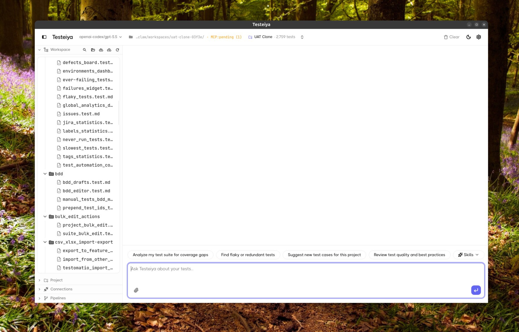The Testeiya desktop app — chat over your test workspace, with a model, MCP connections and a Testomat.io project.